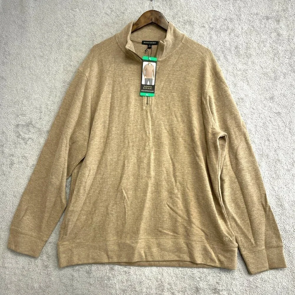 NEW Banana Republic Men's XL Beige Waffle Quarter-Zip Pullover Sweater